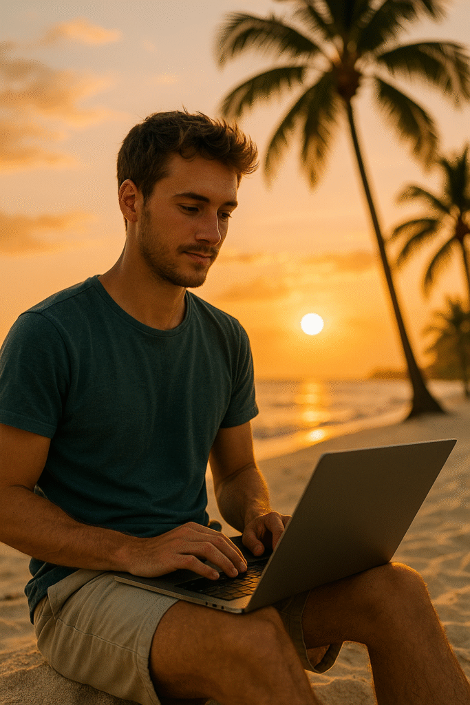 Porträt eines erfolgreichen Online-Marketers, der mit Affiliate Marketing 10.000 € monatlich verdient, arbeitet ortsunabhängig und glücklich