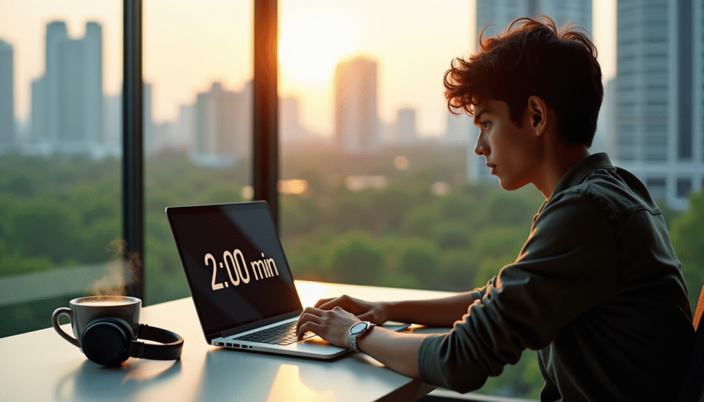 5 ungewöhnliche Pausentechniken, die deine Energie zurückbringen 2 5 ungewöhnliche Pausentechniken - Person macht 2-Minuten Mikropause am Arbeitsplatz mit Timer für Energierückgewinnung