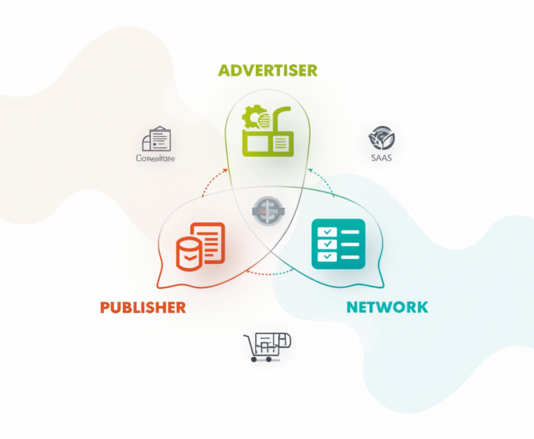 Affiliate Marketing Mechanik mit Advertiser Publisher und Netzwerk erklaert 1