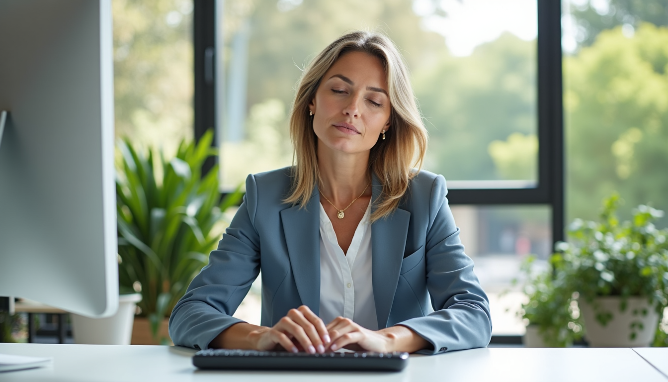 5 ungewöhnliche Pausentechniken, die deine Energie zurückbringen 1 Entspannte Geschäftsfrau macht Pause am Arbeitsplatz für mehr Produktivität und Energie