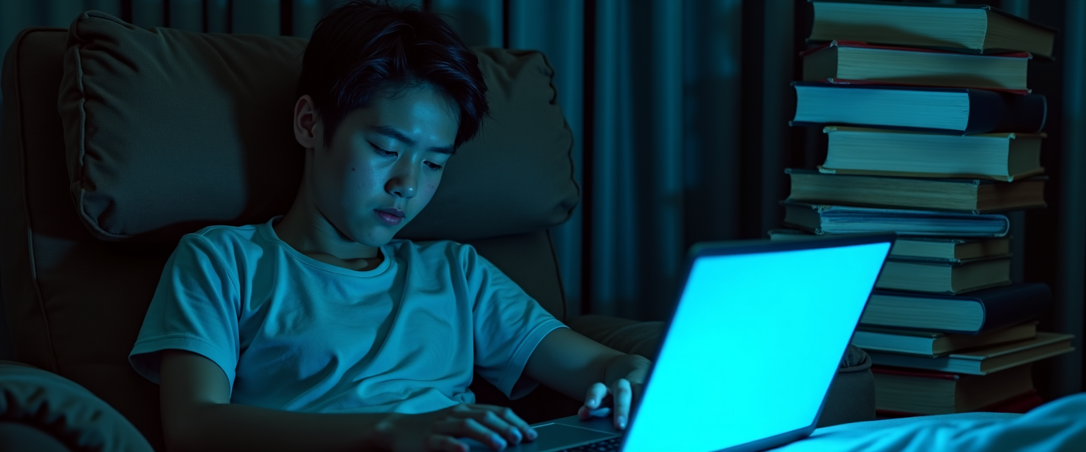 Erschöpfter Mensch vor blauem Bildschirmlicht mit Kopfschmerzen 2