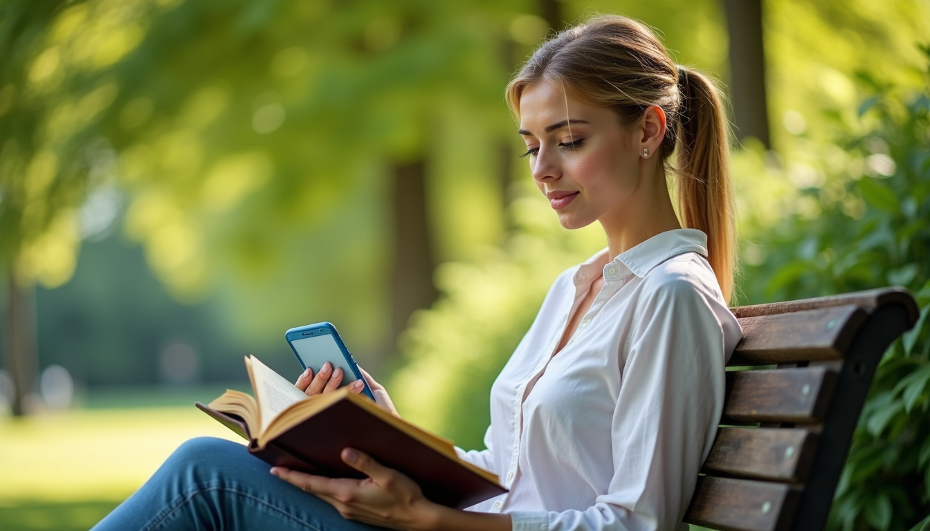 Frau liest entspannt im Park statt am Smartphone