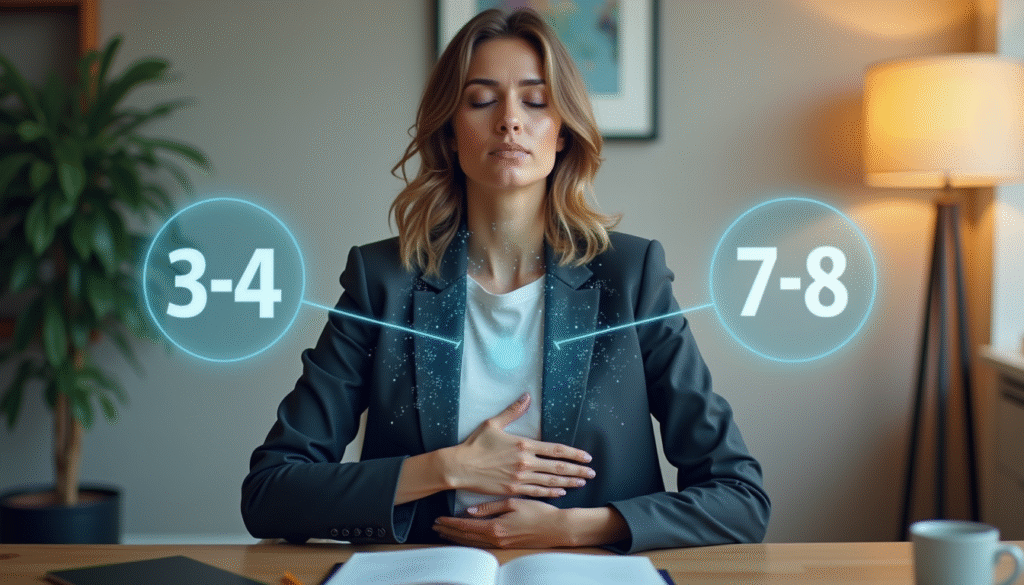 5 ungewöhnliche Pausentechniken, die deine Energie zurückbringen 4 Frau praktiziert 4-7-8 Atemtechnik am Arbeitsplatz für Stressreduktion und Energie