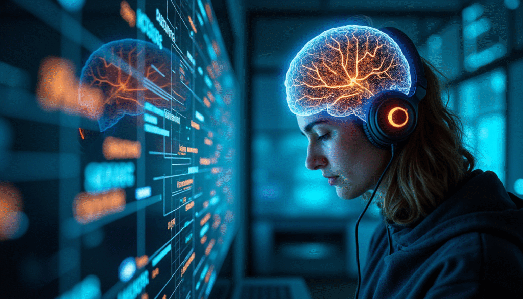 Gehirn mit KI-Datenströmen beim Sprachenlernen.