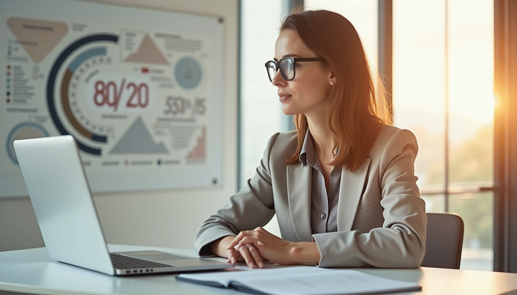 Wie du mit der 80/20-Regel in 2 Stunden mehr schaffst als andere am Tag 1 Geschäftsfrau wendet 80/20-Regel für produktives Zeitmanagement am Arbeitsplatz an, Pareto-Prinzip Visualisierung