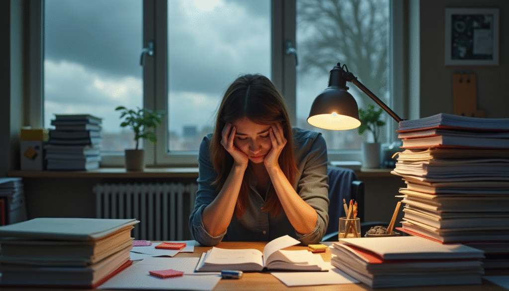 Prokrastination besiegen - Die effektivsten Tricks gegen Aufschieberitis 1 Prokrastination besiegen - Gestresste Frau mit Prokrastination und Aufschieberitis am überladenen Arbeitsplatz