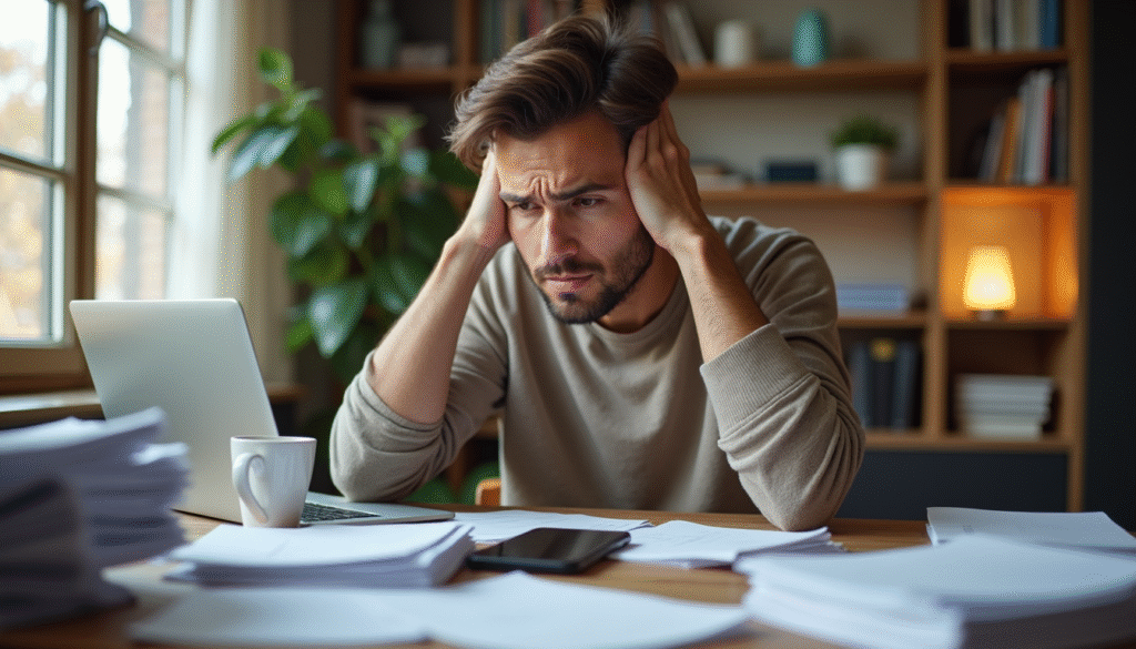 Die besten 7 Apps für mehr Produktivität im Homeoffice 1 Gestresste Person am chaotischen Homeoffice-Arbeitsplatz mit vielen Ablenkungen und Unterbrechungen