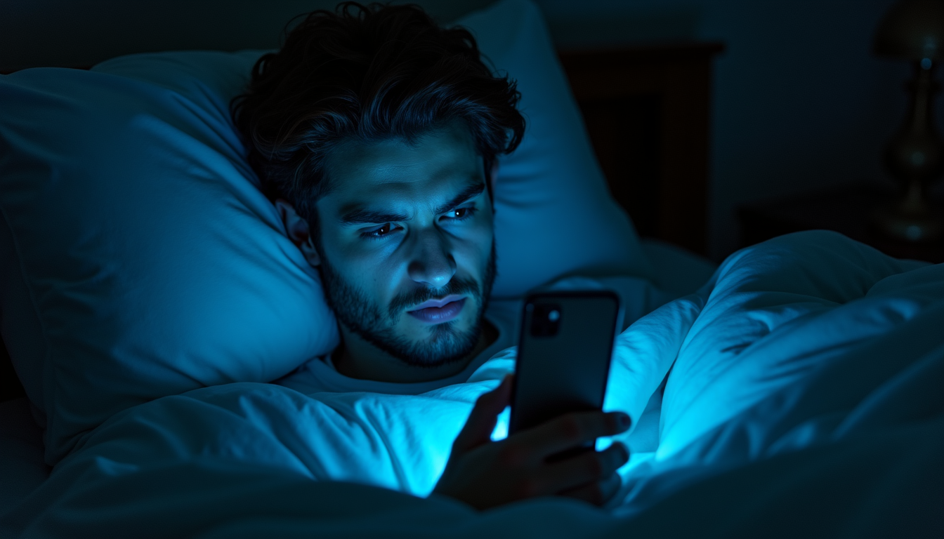 Gestresster Mann im Bett mit leuchtendem Smartphone