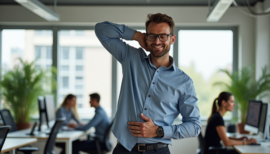 5 ungewöhnliche Pausentechniken, die deine Energie zurückbringen 3 Mann macht Bewegungspausen und Desk-Yoga im Büro für körperliche Regeneration