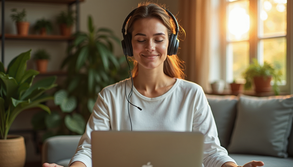 Die besten 7 Apps für mehr Produktivität im Homeoffice 4 Person bei Headspace-Meditation für Stressabbau und mentale Gesundheit im Homeoffice-Alltag