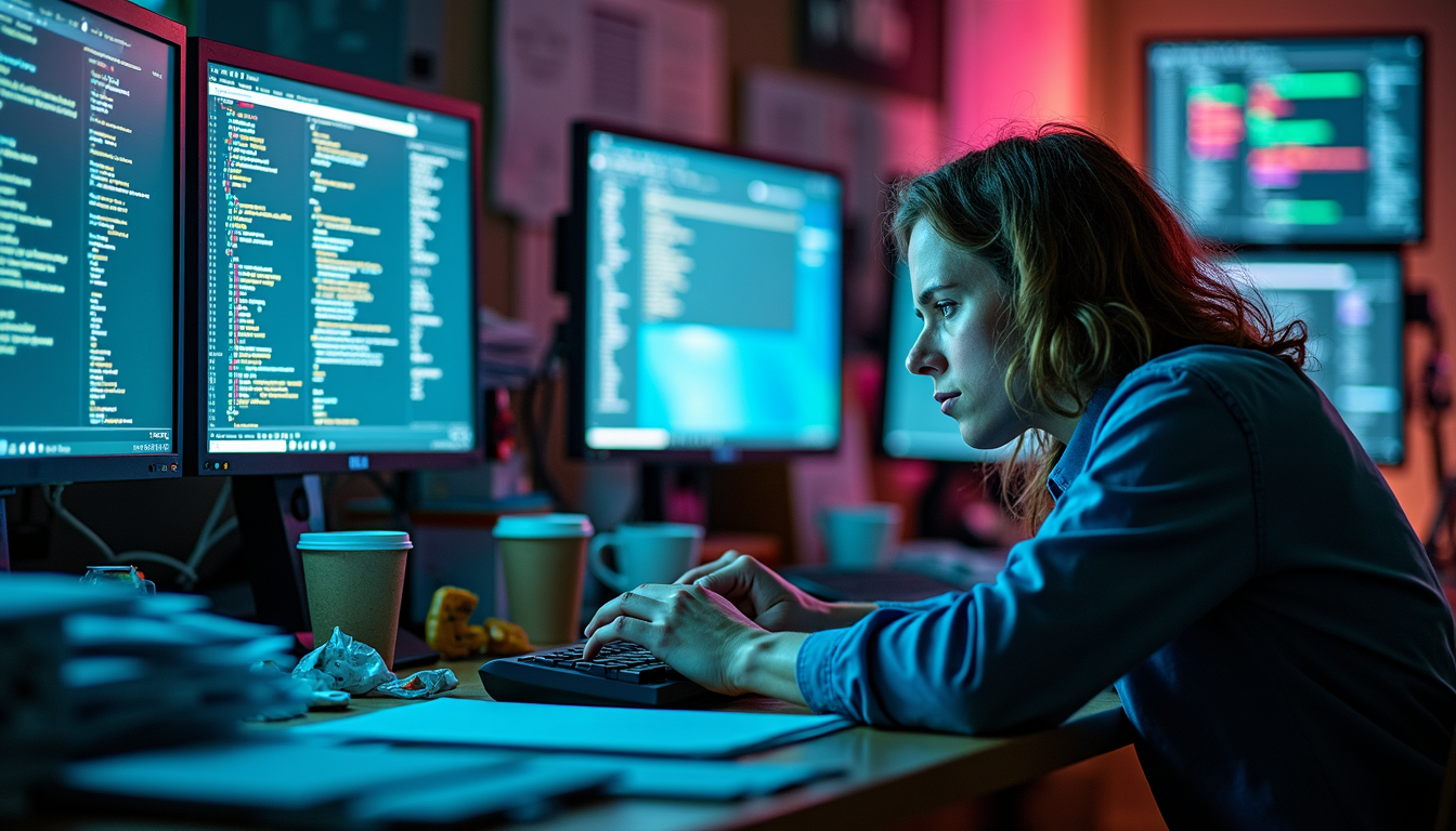 Überforderter Büroangestellter mit zu vielen Monitoren