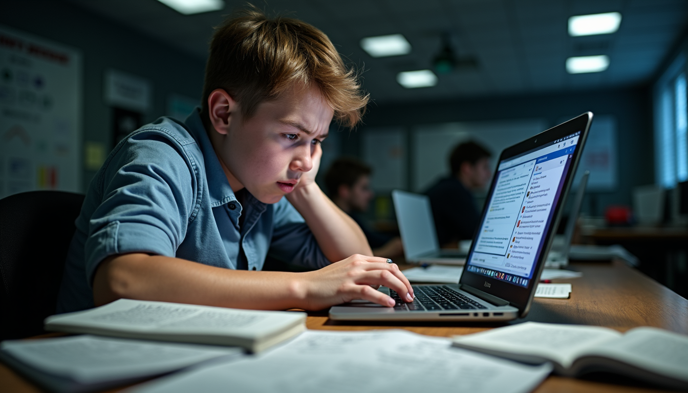 Überforderter Student mit Laptop, Handy und Notizen