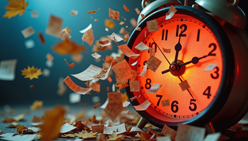 Prokrastination besiegen - Die effektivsten Tricks gegen Aufschieberitis 2 Zeitmanagement-Chaos mit rotierender Uhr und fliegenden Kalenderblättern symbolisiert Stress