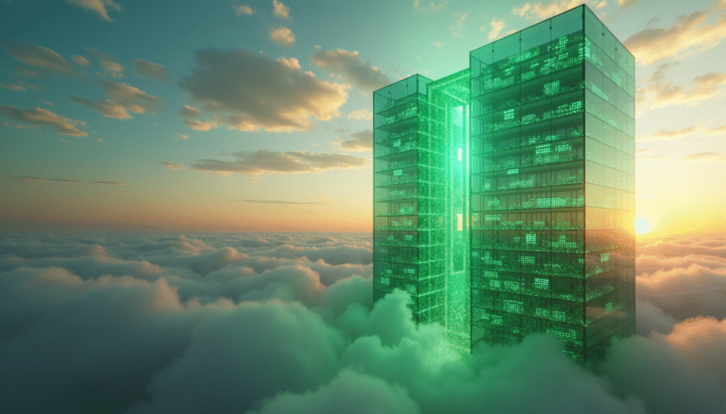 Futuristischer Content-Imperium Wolkenkratzer symbolisiert finanzielle Unabhängigkeit durch Evergreen Content Assets