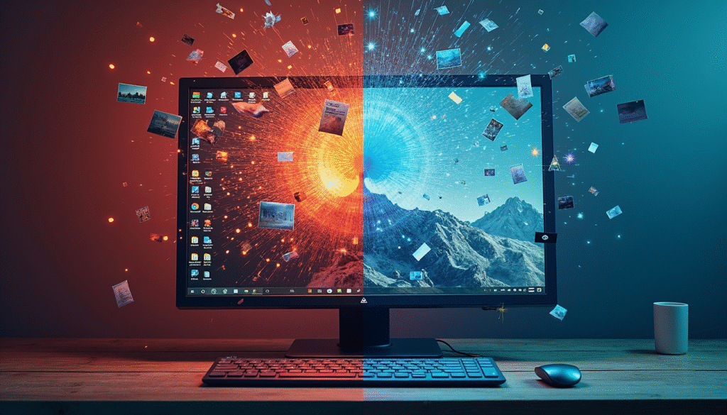 Minimalismus im Arbeitsalltag - Mehr Fokus, weniger Chaos 4 Digitale Entrümpelung vorher nachher - chaotischer vs aufgeräumter Computer Desktop Minimalismus