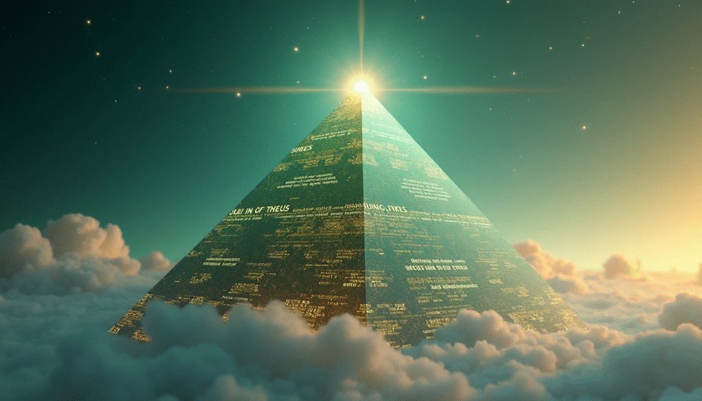  Dreidimensionale Evergreen Content Pyramide zeigt fundamentale Basis, Strategien und Updates für nachhaltigen Erfolg