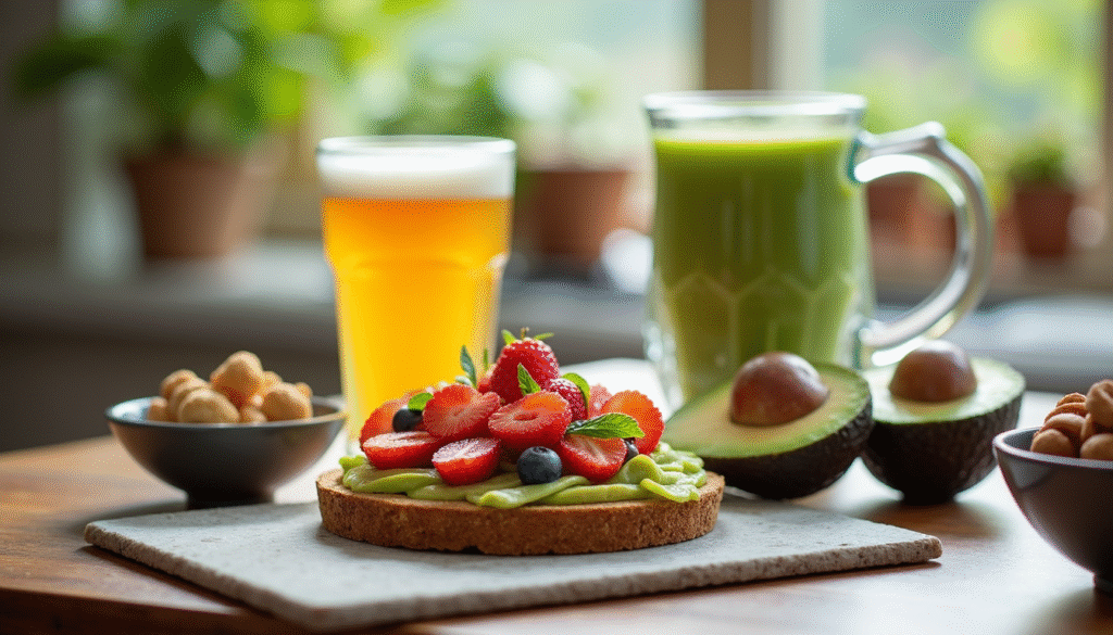 gesundes-fruehstueck-haferflocken Ausgewogenes Frühstück mit Haferflocken, Beeren und grünem Smoothie für energiereiche Morgenroutine