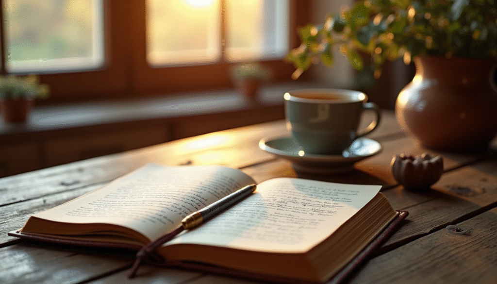 journaling-schreiben-tagebuch-morgenroutine-reflektion Aufgeschlagenes Notizbuch mit Füllhalter für morgendliches Journaling und Selbstreflexion