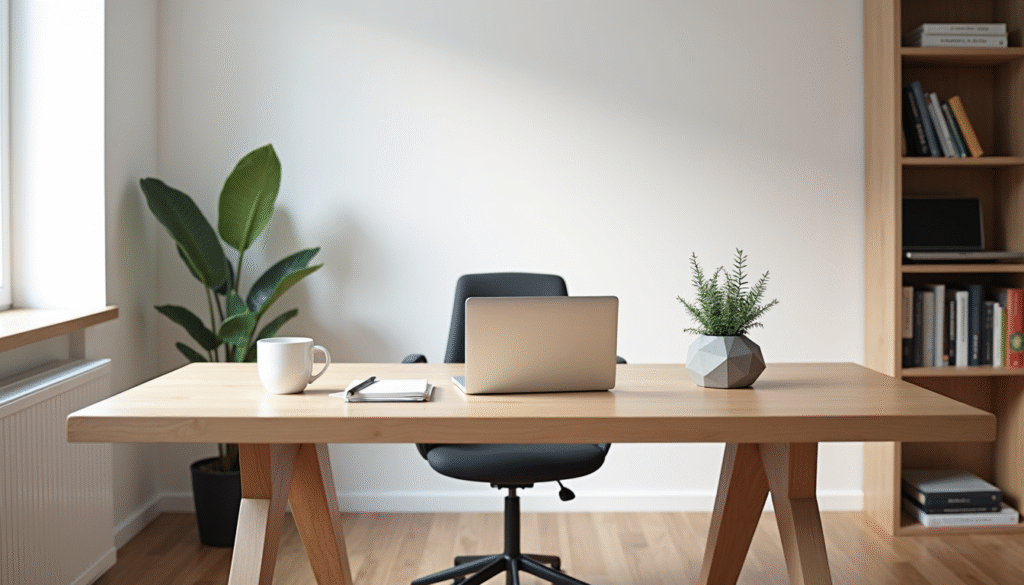 Minimalismus im Arbeitsalltag - Mehr Fokus, weniger Chaos 1 Minimalistischer Arbeitsplatz mit MacBook, Kaffee und Pflanze - clean desk minimalismus büro setup