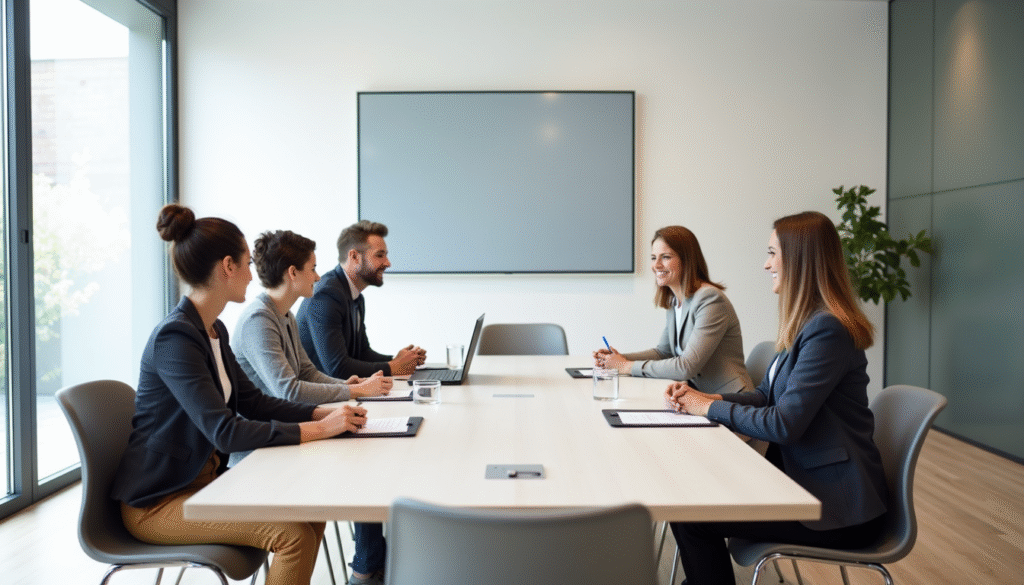 Minimalismus im Arbeitsalltag - Mehr Fokus, weniger Chaos 5 Minimalistisches Meeting Konferenzraum - sauberer Teamwork Arbeitsplatz weniger Chaos Business