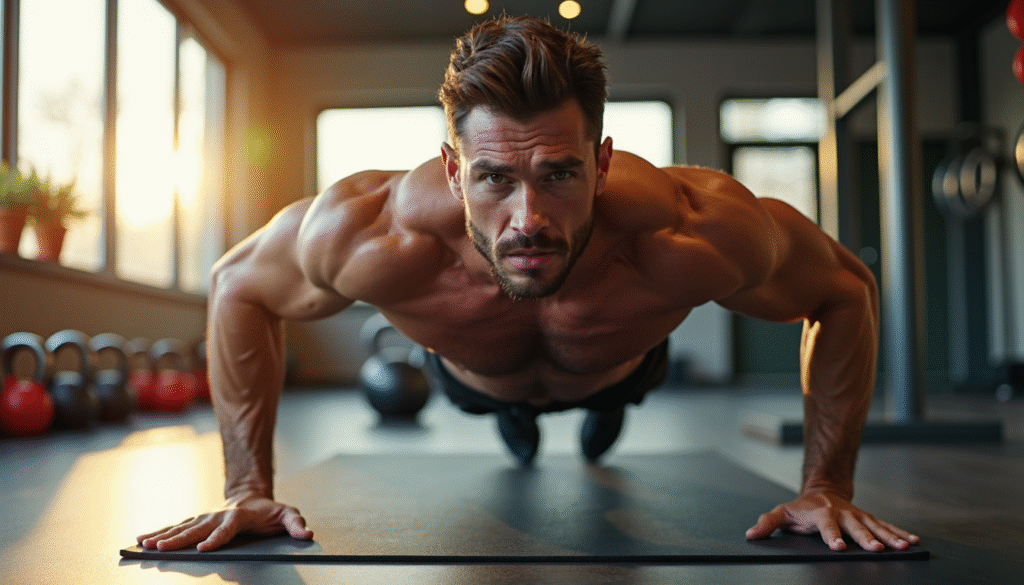 morgen-sport-workout-push-ups-fitness-routine Mann trainiert mit Push-ups als Teil seiner energiegeladenen Sport-Morgenroutine im Home-Gym