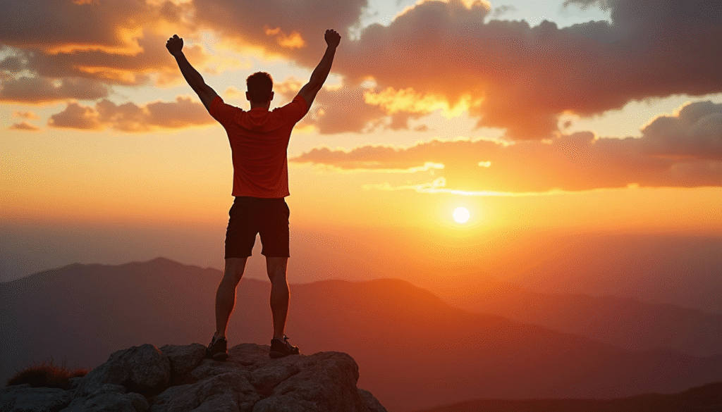 Mann feiert Erfolg bei Sonnenaufgang nach produktiver Morgenroutine auf Berggipfel mit erhobenen Armen